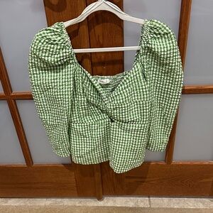 Green Gingham Puff-Sleeve Blouse